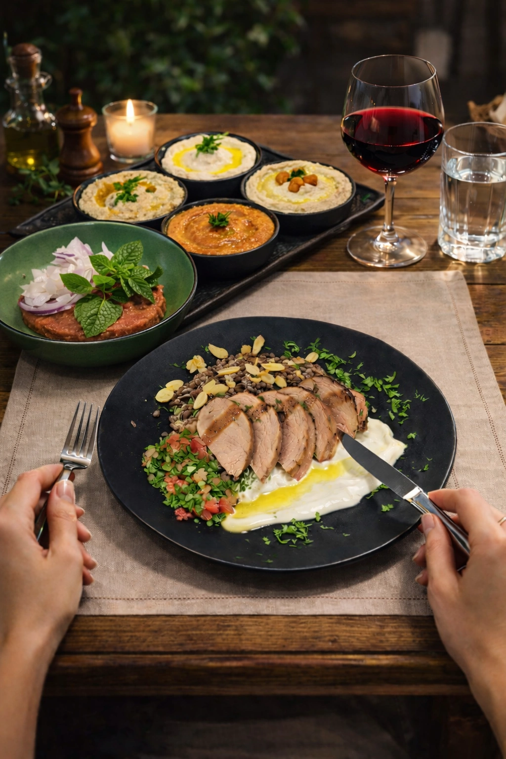 Mesa de mezze libanês com coalhada seca, homus, babaganoush e muhamara