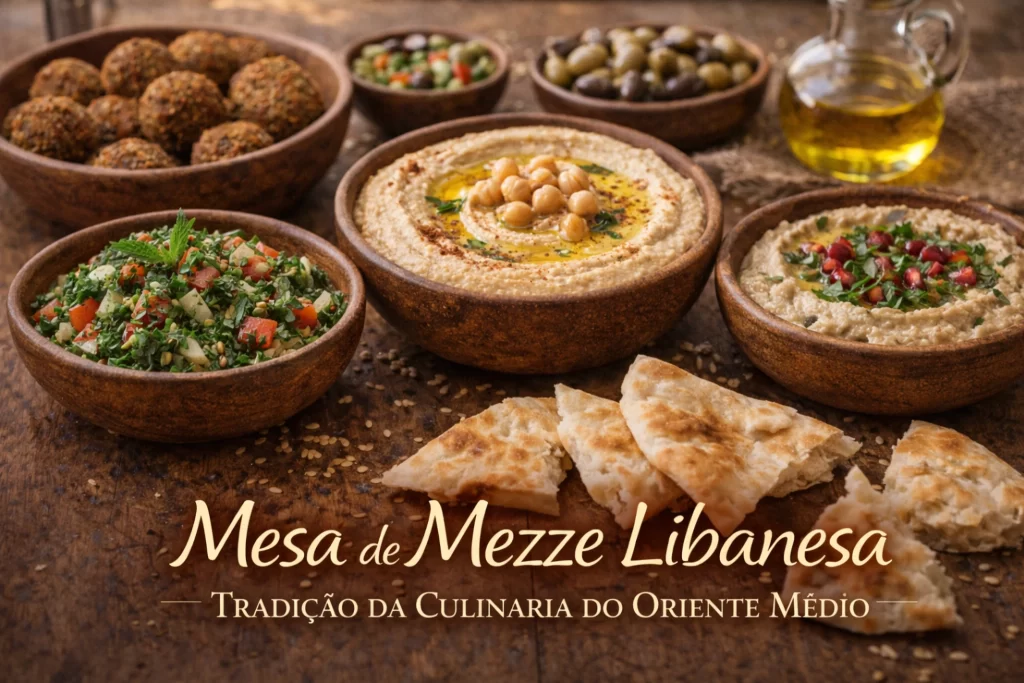 mesa tradicional da culinária libanesa com mezze homus tabule e babaganouch