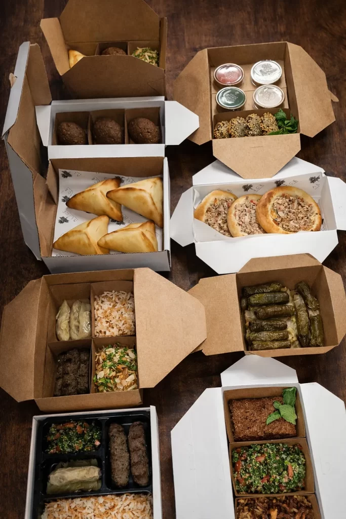Pratos árabes, kibe frito, esfiha aberta e fechada de carne, charutinho de folha de uva, do Delivery do restaurante Alice Monte Líbano