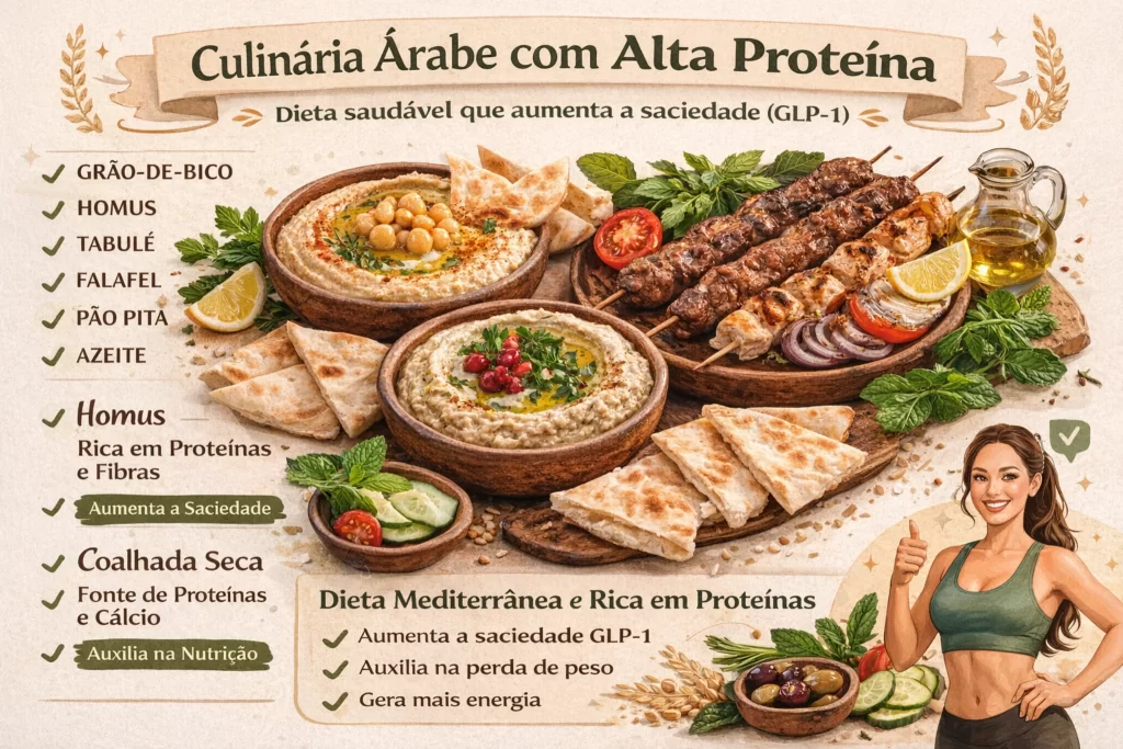 infográfico culinária árabe dieta proteica GLP1 saciedade e massa muscular