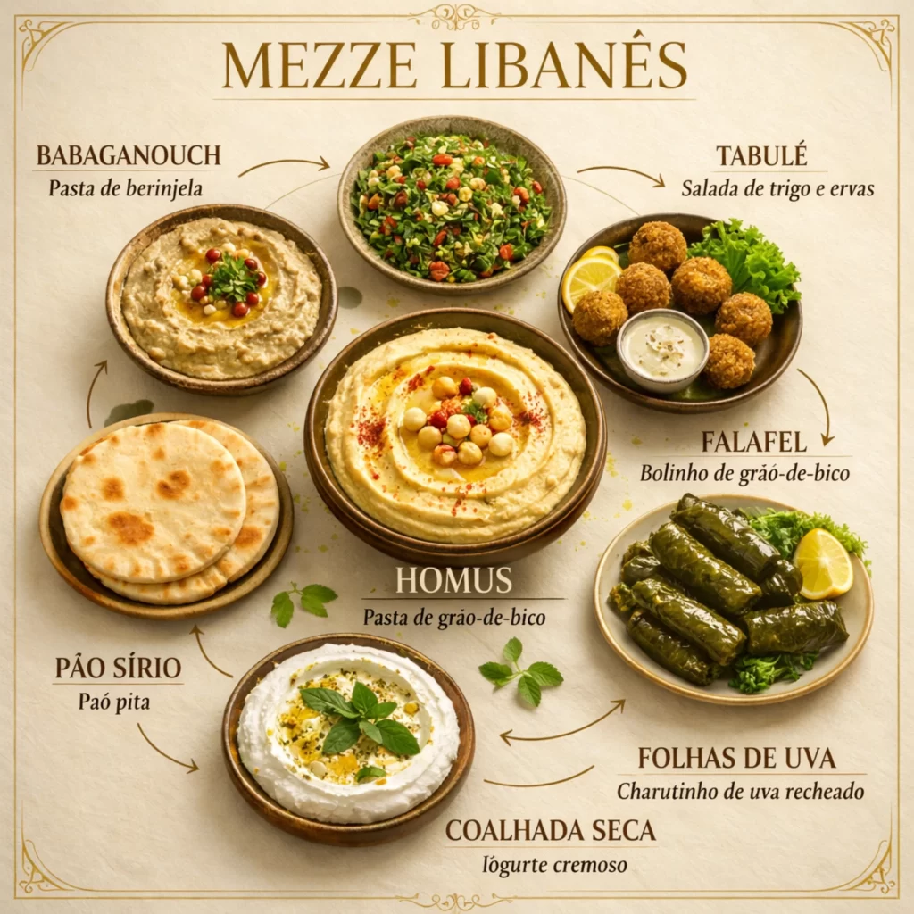 Como funciona o mezze libanêsDiferente de muitas culturas gastronômicas que servem apenas um prato principal, a tradição libanesa valoriza o compartilhamento de diversos pequenos pratos. Esse conjunto de preparações é chamado de mezze e inclui pastas, saladas, legumes, grãos e pães servidos simultaneamente à mesa. O mezze representa hospitalidade, convivência e celebração.