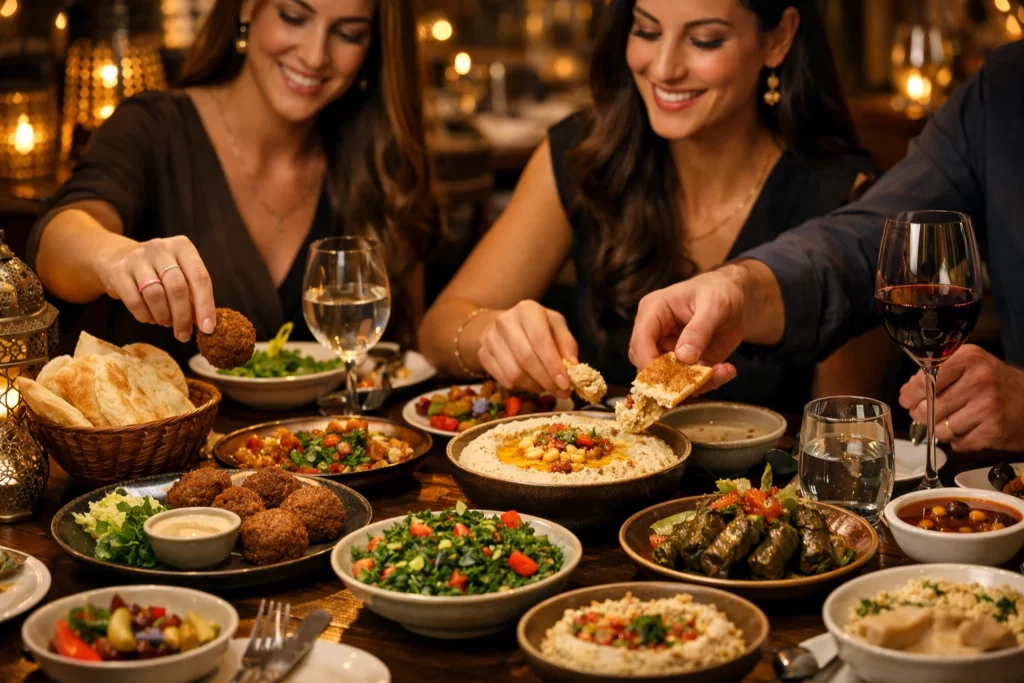 Experiência gastronômica da mesa libanesa com pratos tradicionais compartilhados.