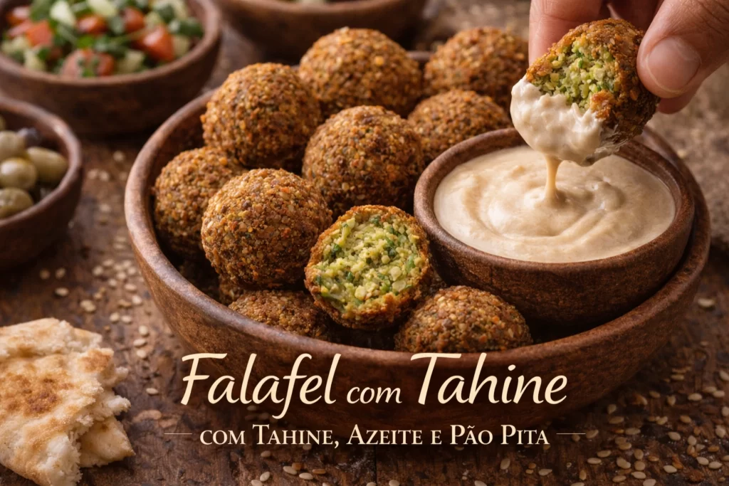 falafel com molho de tahine, mais especiarias árabes, com pão pita 