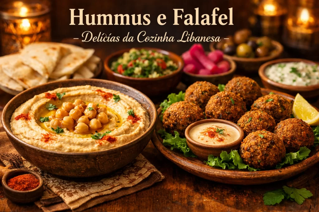 pratos da culinária libanesa preparados com grão de bico como homus e falafel
