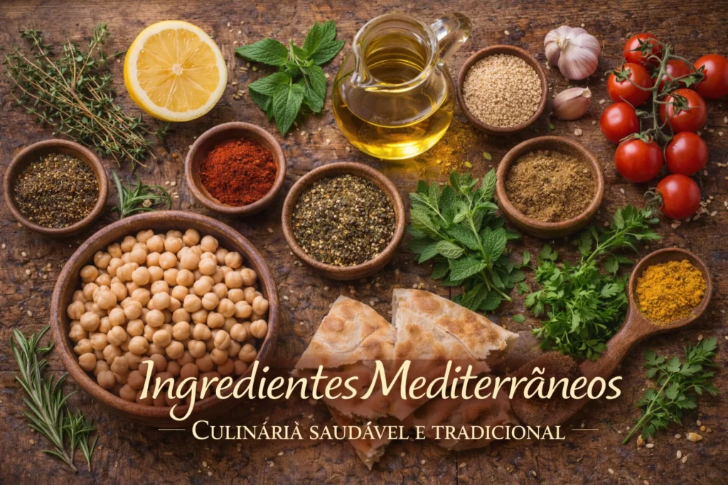 ingredientes da culinária libanesa azeite grão de bico ervas e especiarias