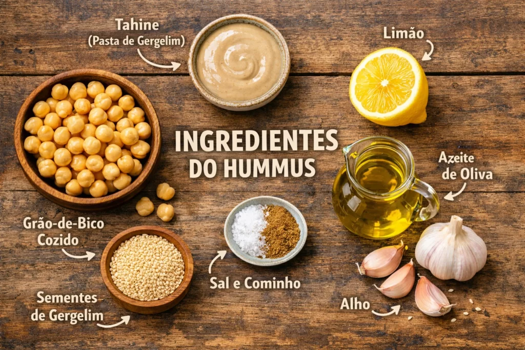 ingredientes do homus grão de bico tahine azeite limão alho e gergelim