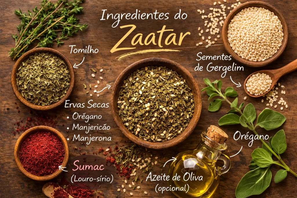 ingredientes do zaatar tomilho gergelim sumagre e ervas aromáticas