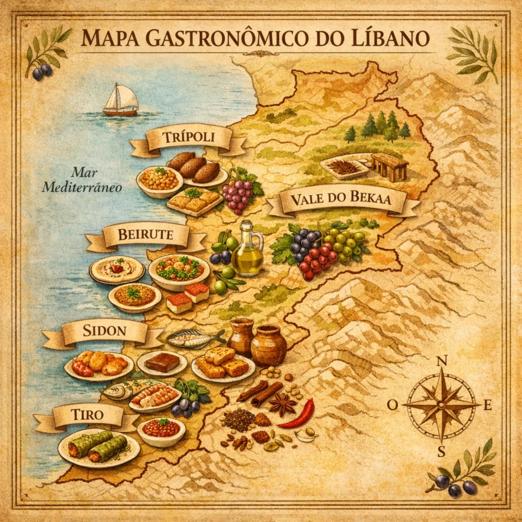 Mapa gastronômico do Líbano destacando regiões tradicionais da culinária libanesa.