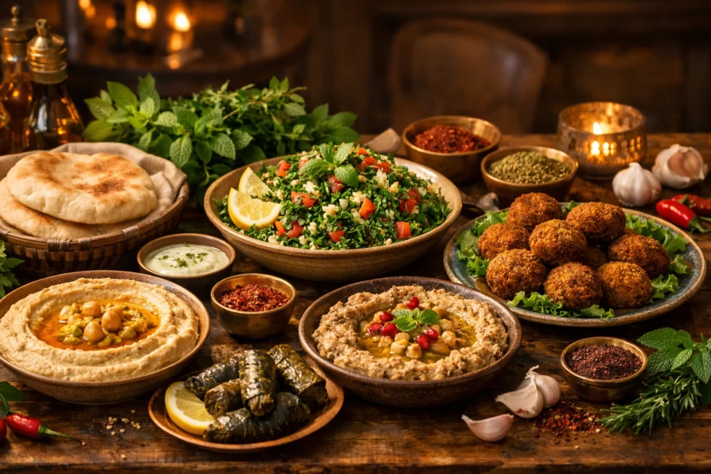 Mesa de mezze com pratos tradicionais da culinária libanesa como homus, falafel e tabule