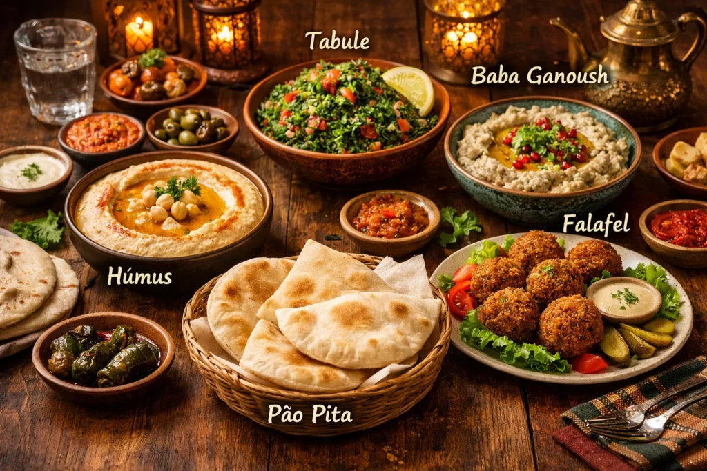 mesa de mezze libanês com homus babaganouch tabule falafel e pão sírio