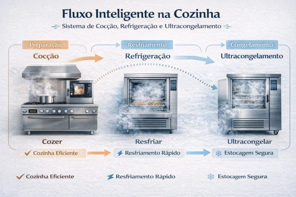 Fluxo de produção na cozinha 4.0 com resfriamento e controle