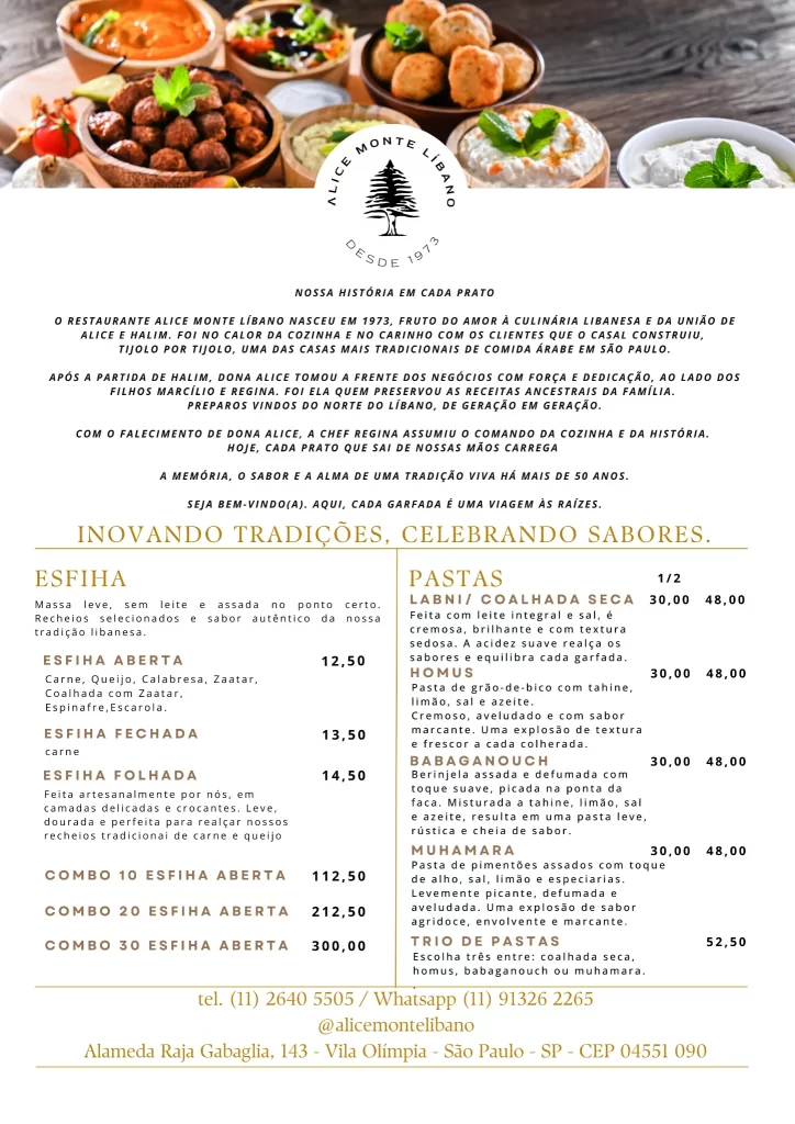 Cardápio do Restaurante Árabe - Alice Monte Líbano - página 1
