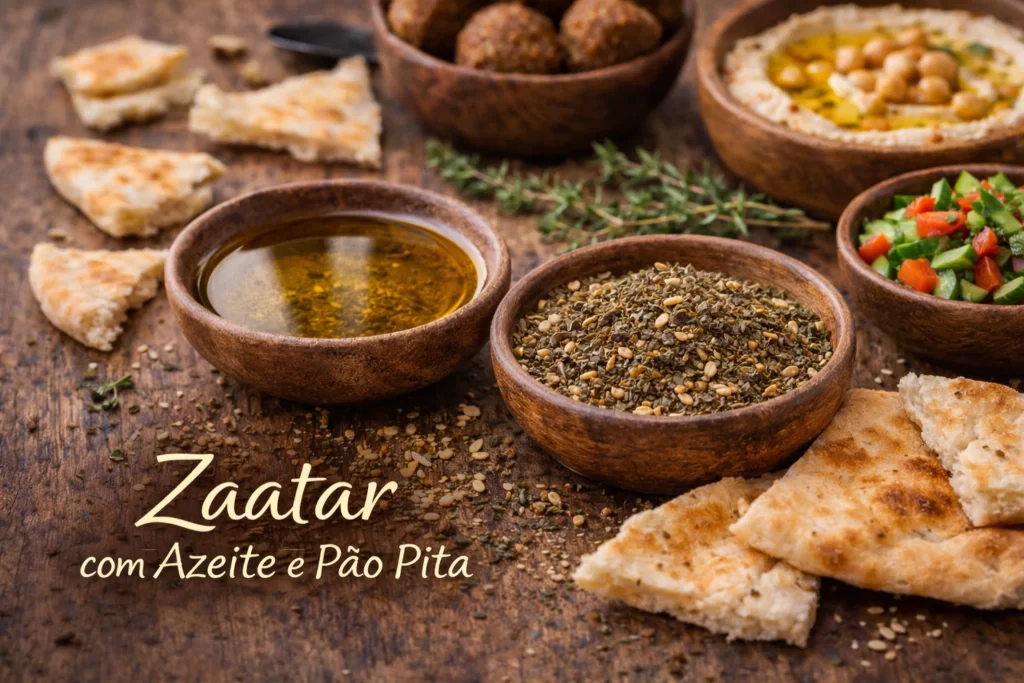 zaatar servido com azeite de oliva e pão sírio tradicional