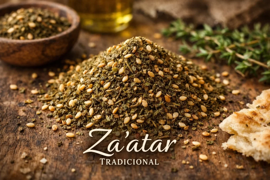 zaatar mistura tradicional de ervas do oriente médio com gergelim e sumagre