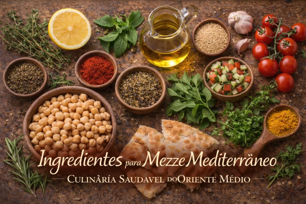 ingredientes da culinária mediterrânea usados no mezze como azeite ervas e grão de bico
