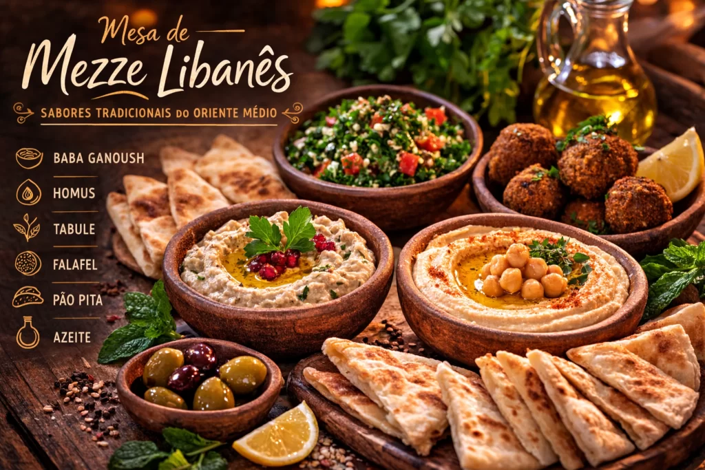 mezze libanês com babaganouch homus e pão sírio
