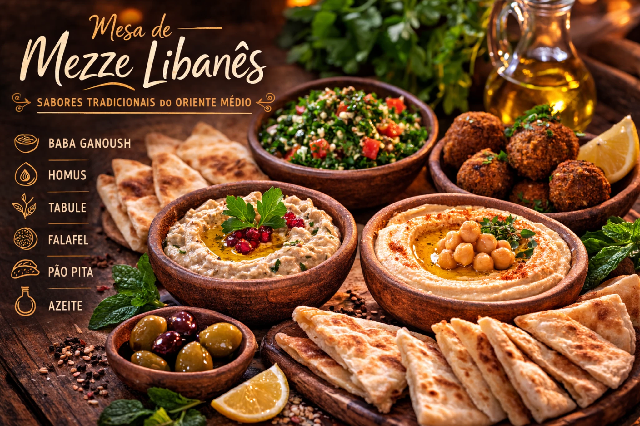 Mezze libanês com homus e babaganoush para cardápio de catering
