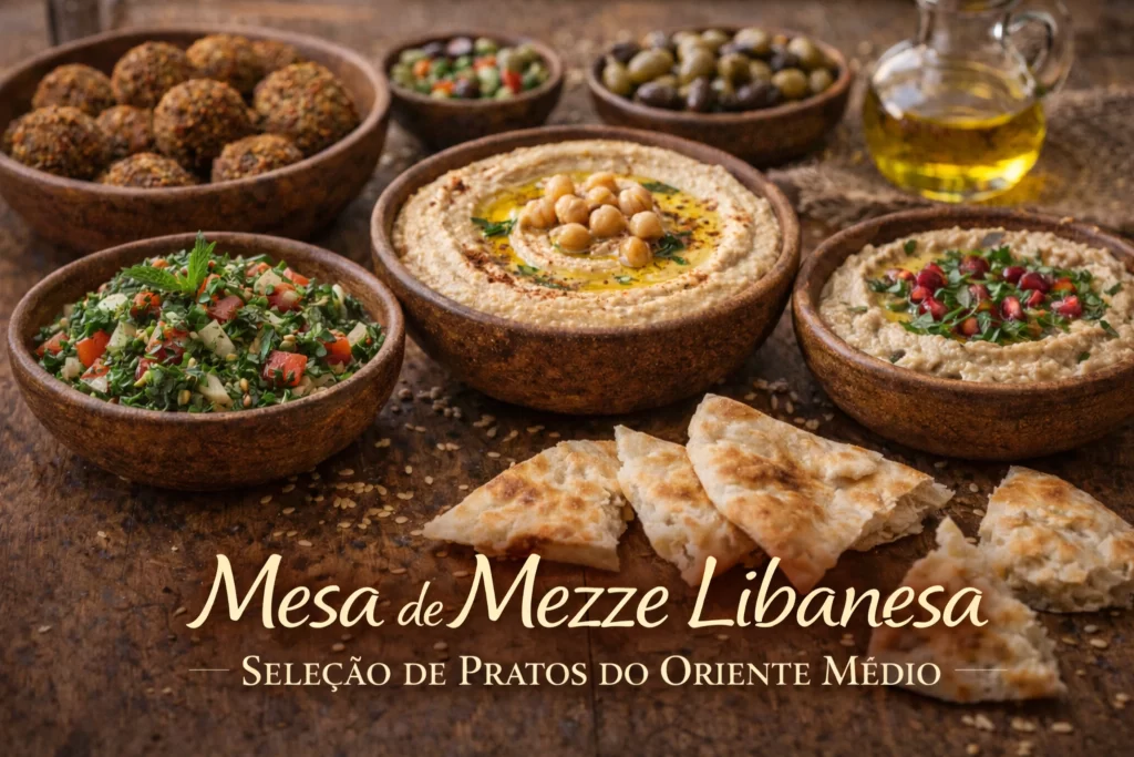 mesa tradicional de mezze libanês com homus babaganouch tabule e pão sírio
