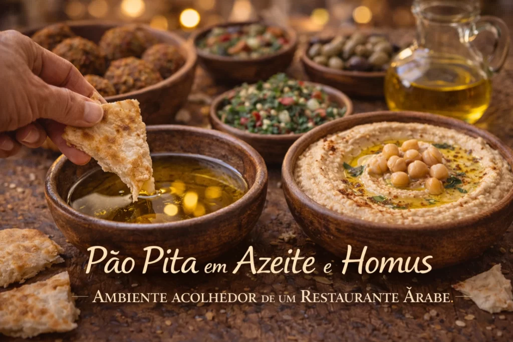 pão sírio servido com azeite e pastas tradicionais do mezze