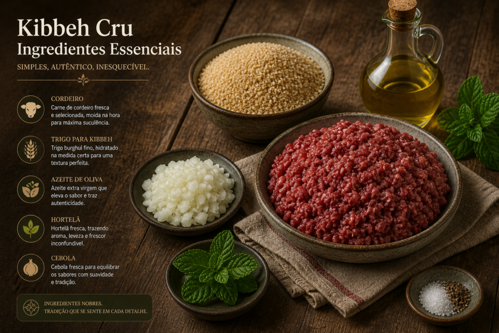 ingredientes do kibe cru carne bulgur e sal