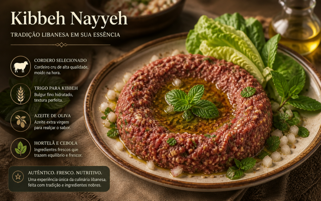 kibe cru tradicional libanês servido com azeite e hortelã
