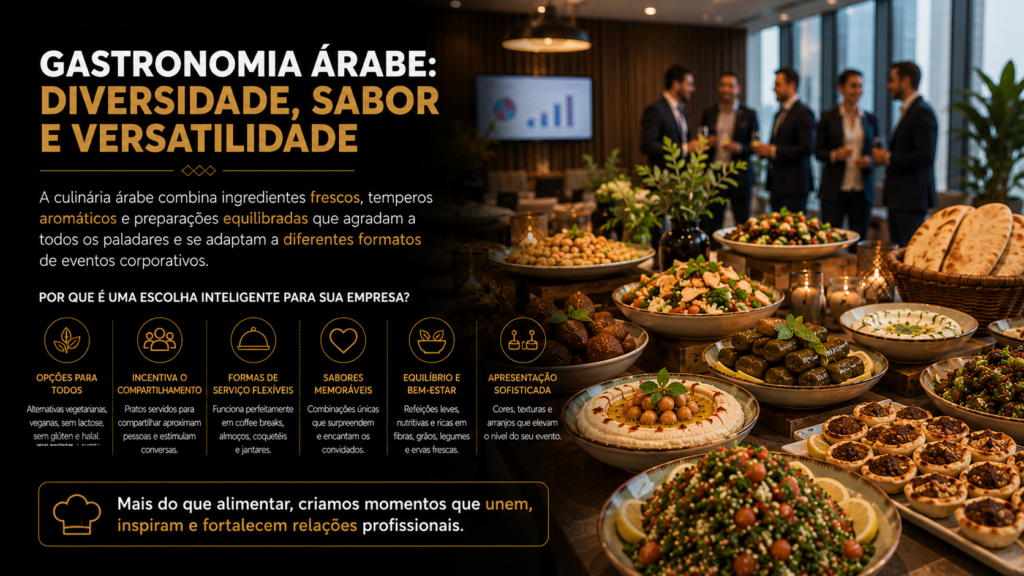 Buffet árabe premium com pratos tradicionais preparados para eventos corporativos e convenções.