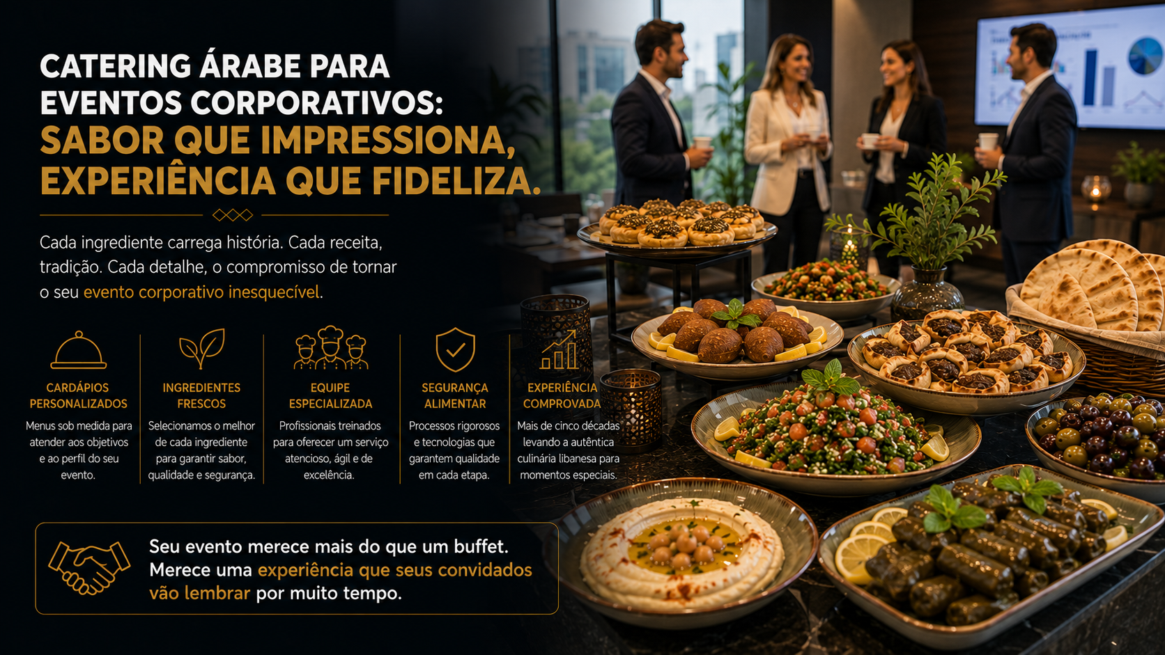 Buffet árabe corporativo montado para evento em São Paulo