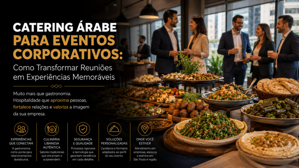 Catering árabe para eventos corporativos em São Paulo com gastronomia libanesa premium e ambiente empresarial sofisticado.