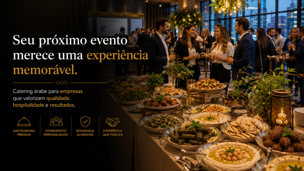 Evento corporativo com catering árabe premium em São Paulo, reunindo executivos em uma experiência gastronômica libanesa memorável com buffet sofisticado e hospitalidade.
