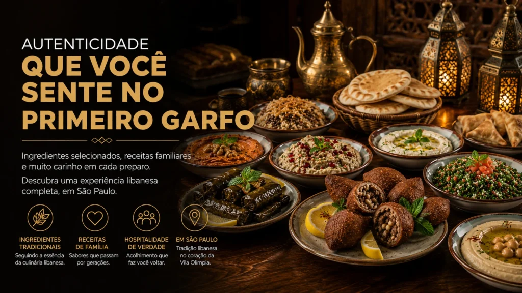 Autenticidade que você sente no primeiro garfo, comida árabe feita com ingredientes selecionados, receitas familiares e muito carinho em cada preparo.