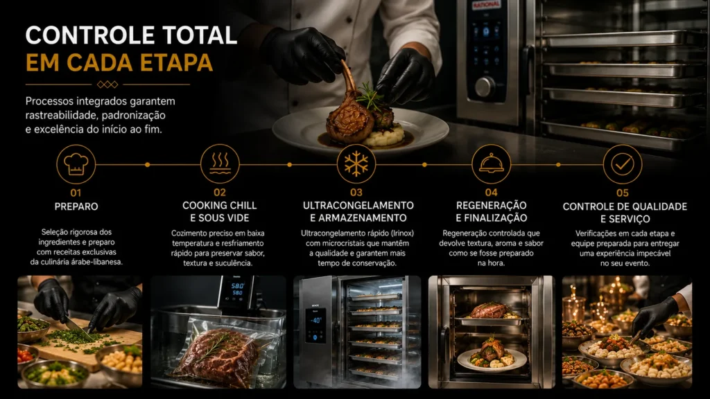 Fluxo completo do catering corporativo mostrando preparo, Cooking Chill, Sous Vide, ultracongelamento, regeneração e serviço final.