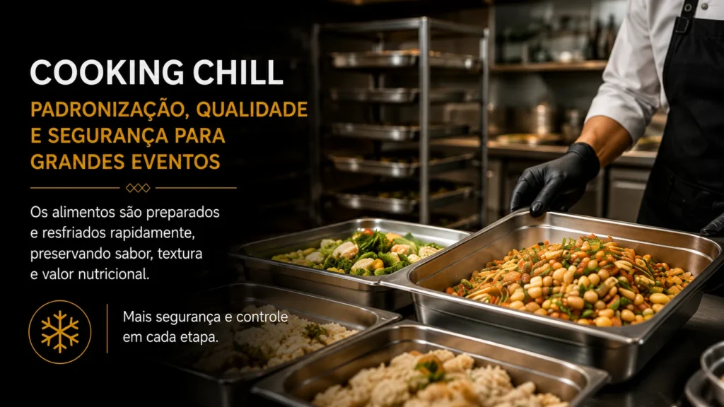 Tecnologia Cooking Chill aplicada ao catering corporativo preservando sabor, textura, segurança alimentar e padronização em eventos empresariais.