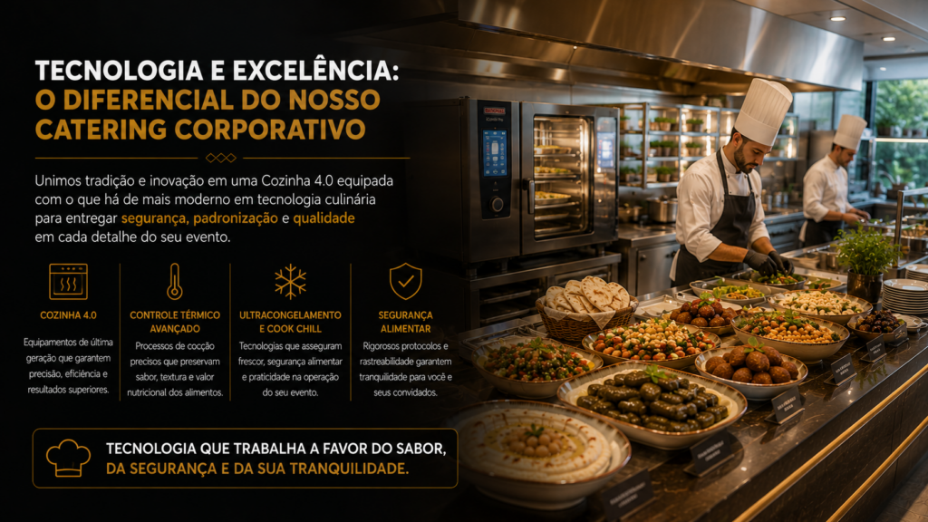 Cozinha 4.0 aplicada ao catering corporativo utilizando tecnologia para preservar sabor, textura e segurança alimentar.