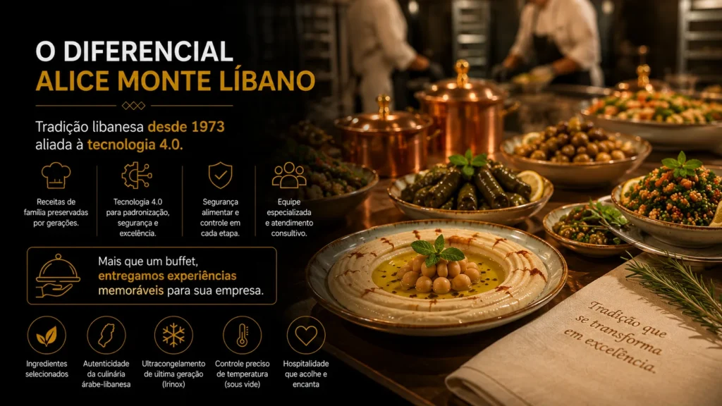 Gastronomia libanesa tradicional combinada à Cozinha 4.0 para oferecer catering corporativo premium em São Paulo.