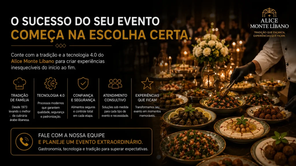 Buffet premium de culinária libanesa representando excelência, tradição, tecnologia e hospitalidade para eventos corporativos em São Paulo.