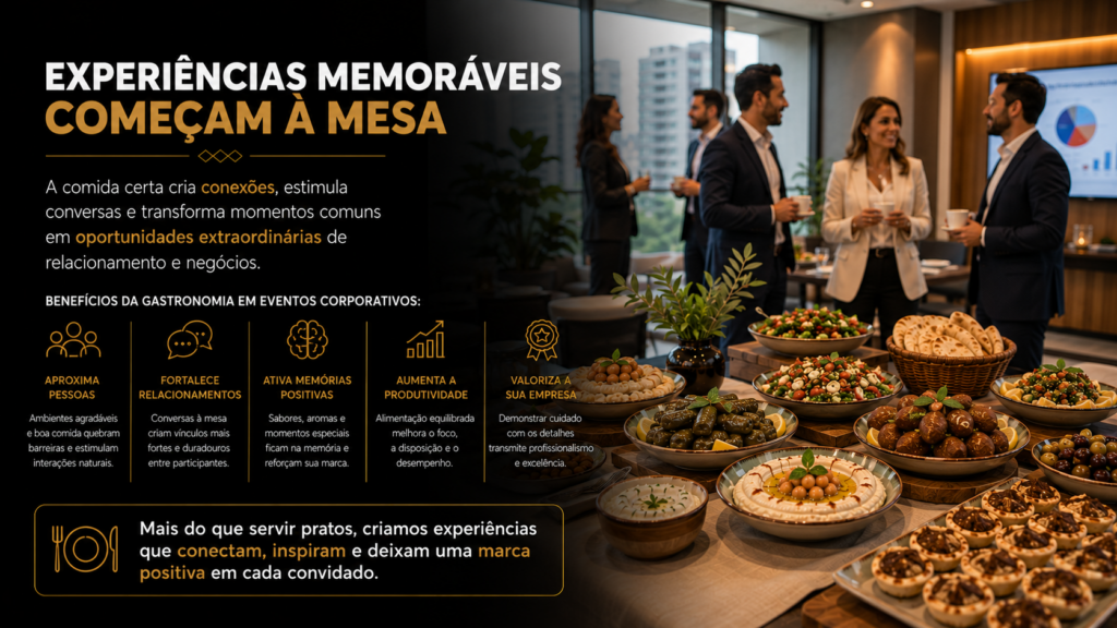 Evento corporativo com gastronomia libanesa criando conexões entre empresas e convidados.