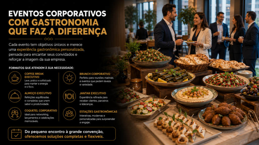 Gastronomia árabe oferece diversidade de pratos para eventos empresariais e reuniões corporativas.