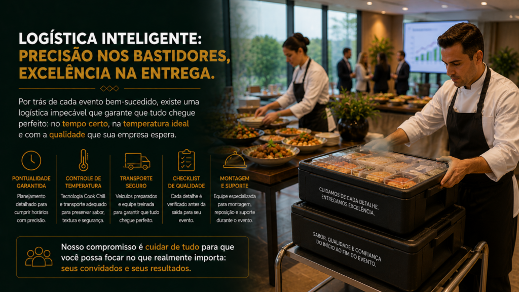 Logística profissional de catering árabe garantindo temperatura, qualidade e apresentação impecável em eventos corporativos.