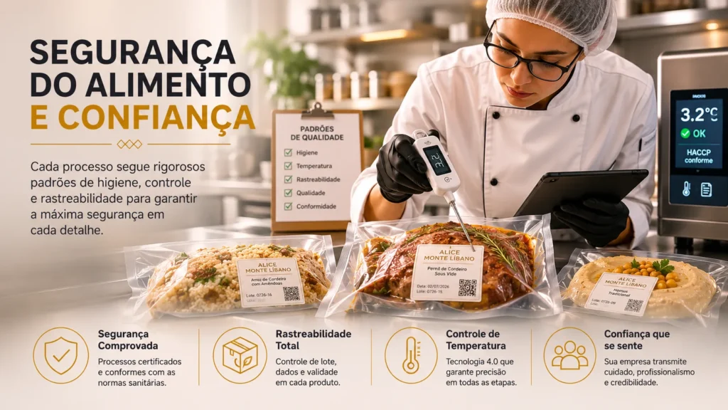 Profissional realizando controle de qualidade e rastreabilidade dos alimentos para catering corporativo seguindo normas de segurança alimentar.