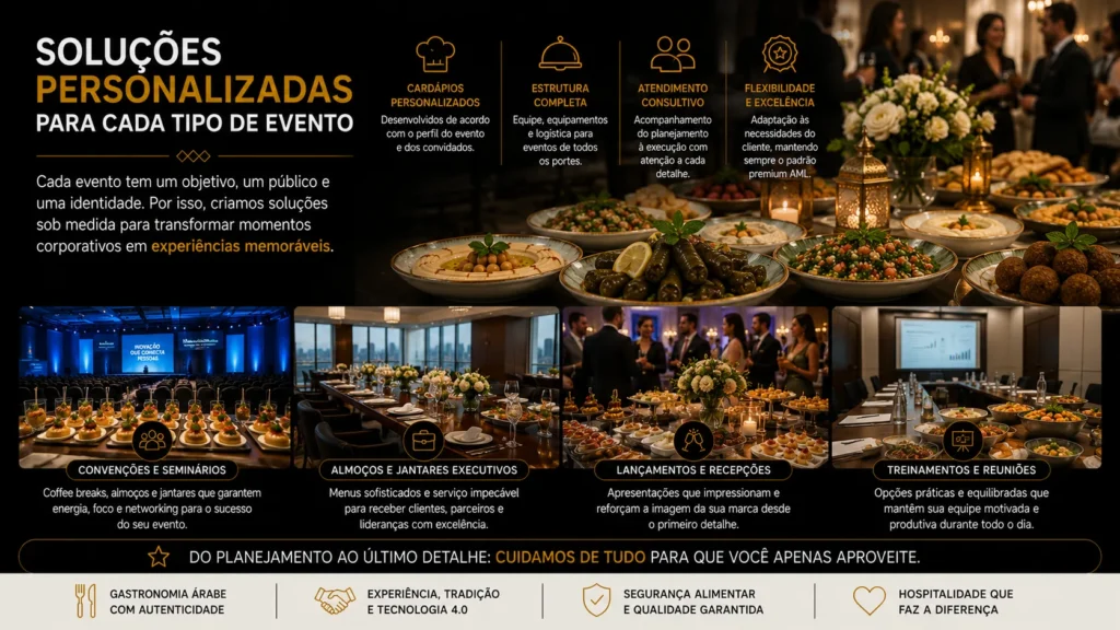 Catering corporativo personalizado para convenções, treinamentos, lançamentos de produtos, confraternizações e eventos empresariais.