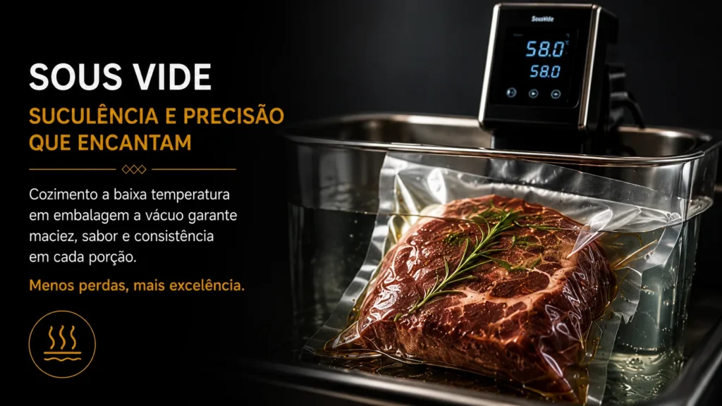 Carne preparada pelo método Sous Vide garantindo maciez, suculência e padronização para catering corporativo premium em São Paulo.