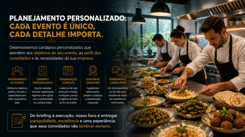 Diferentes formatos de catering corporativo com culinária árabe para coffee breaks, brunch, coquetéis e almoços executivos.