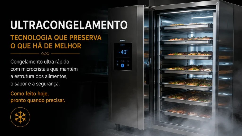 Ultracongelador Irinox preservando textura, aroma e qualidade dos alimentos destinados ao catering corporativo.