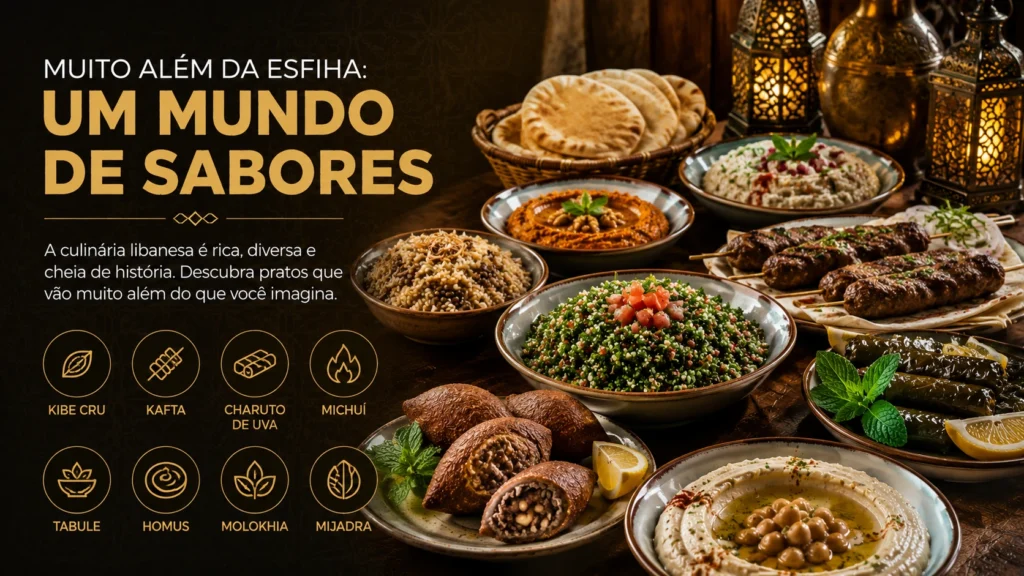 A culinária libanesa é rica, diversa e cheia de história. Descubra pratos que vão muito além do que você imagina: kibe cru, kafta, charuto de uva, michuí, tabule, homus, molhie, mijadra.