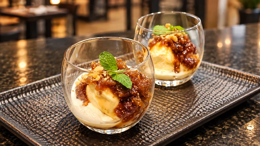 Sobremesa do restaurante Árabe Alice Monte Líbano, o doce festivo de Natal, uma tradição da família maatouk é o doce de figo turco com sorvete de creme